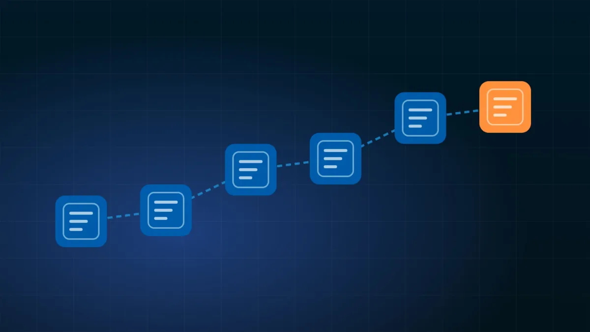 Blue blocks joined by dashed lines rising to an orange block on dark blue