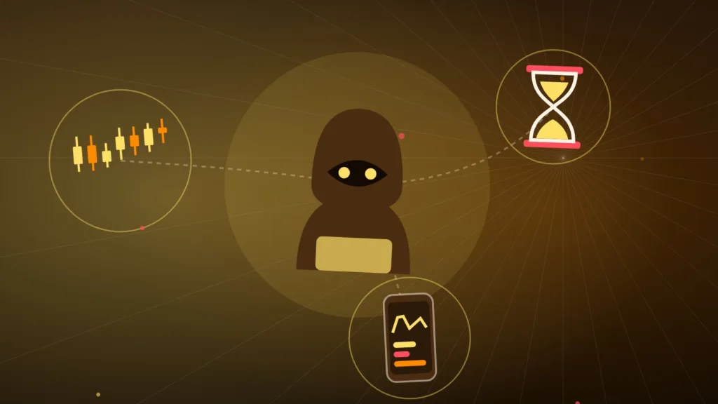 A hooded figure beside a smartphone, a candlestick chart and an hourglass