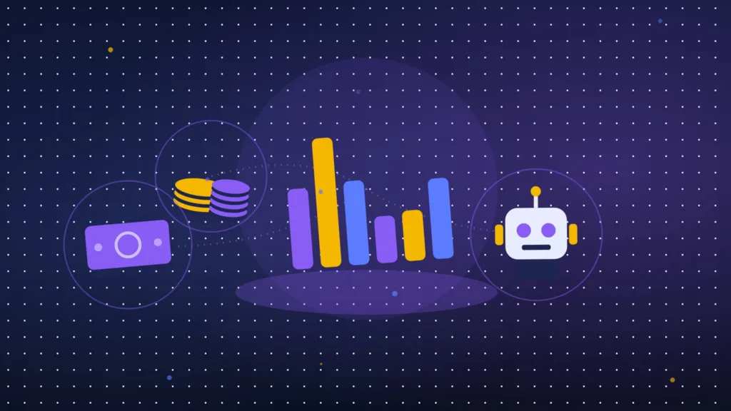A bar chart and stacks of coins next to a robot and banknotes