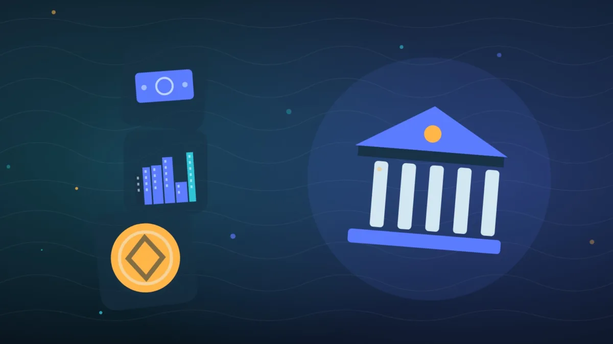 Abstract bank building with banknotes, a coin and a city skyline behind it