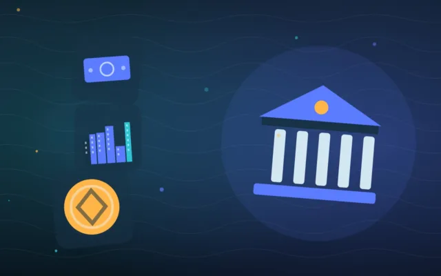 Abstract bank building with banknotes, a coin and a city skyline behind it