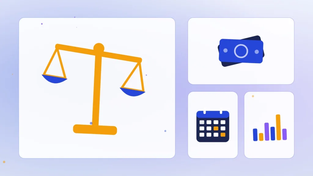 Balance scales weighing banknotes beside a calendar and a rising bar chart