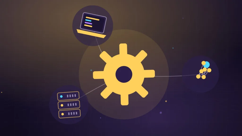 Gear, server rack and laptop linked by a network of connected nodes
