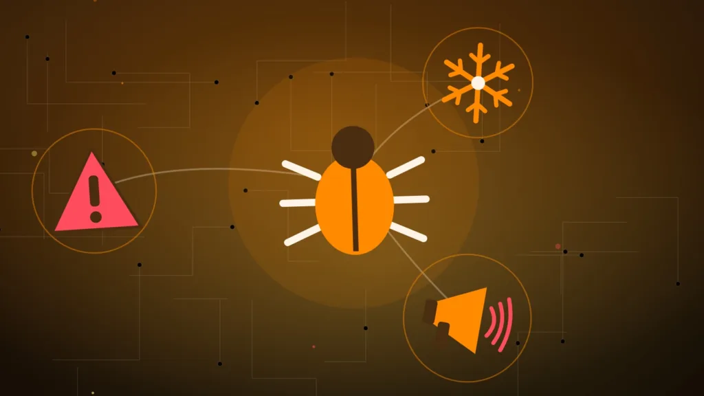 A software bug, a snowflake, a megaphone and a warning sign together