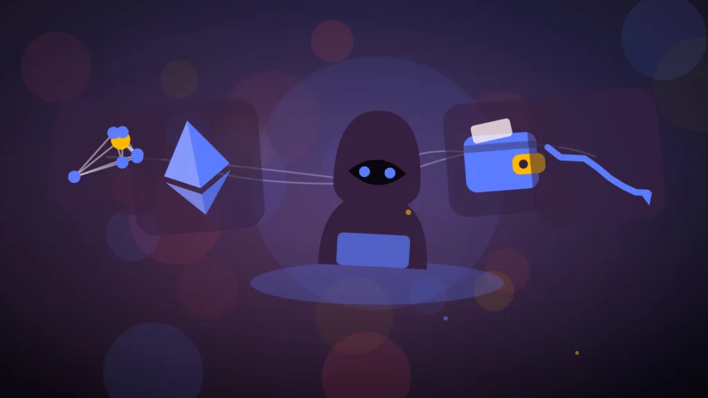 Abstract hooded figure beside a diamond, wallet and linked nodes, falling line