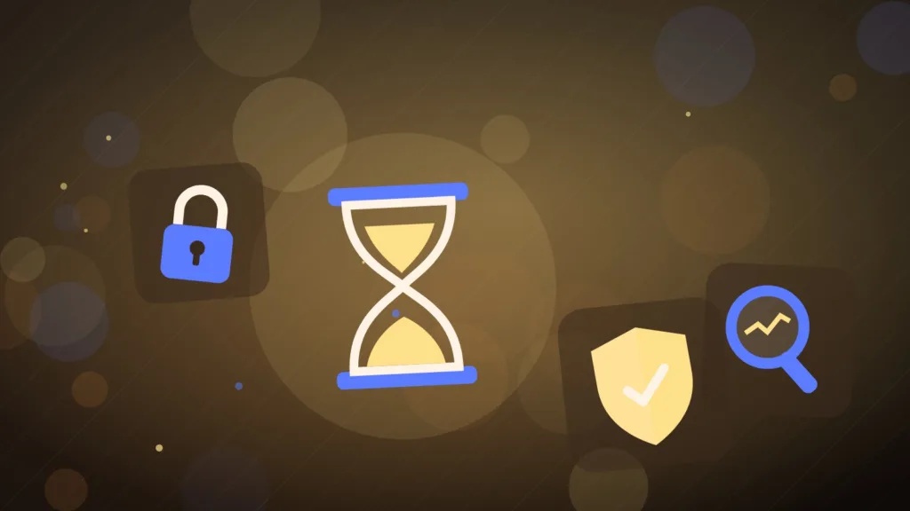Abstract hourglass beside a closed padlock, a magnifying glass and a shield