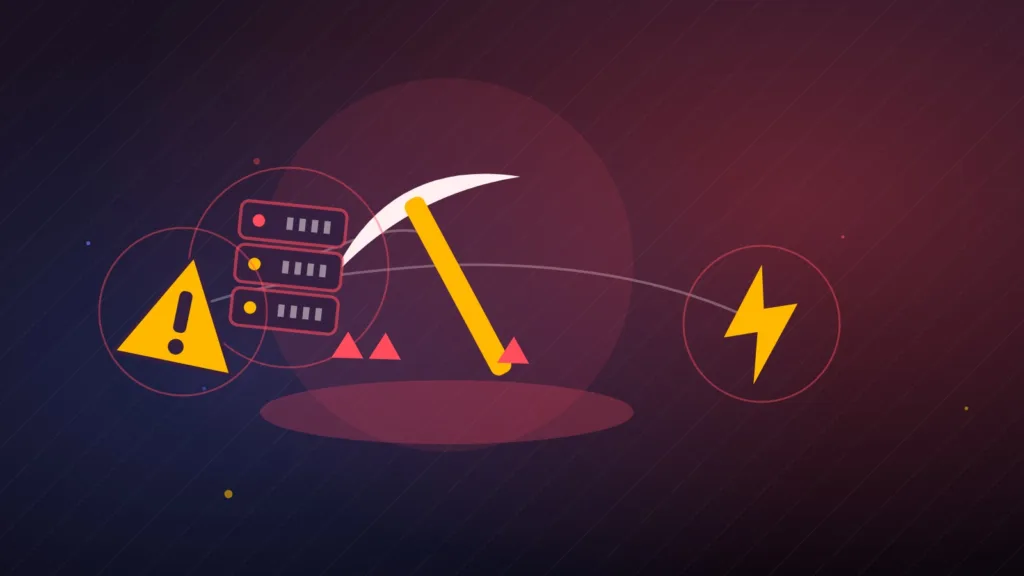 Abstract pickaxe beside a server rack, a lightning bolt and a warning sign