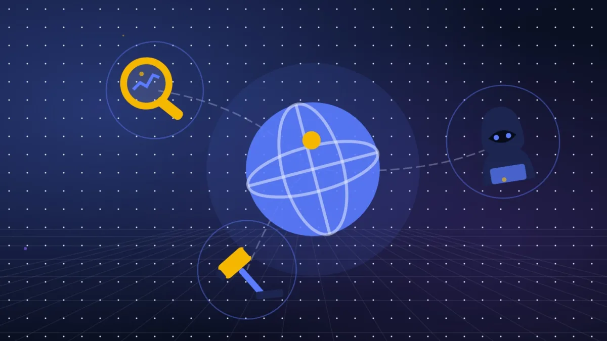 Abstract globe with a gavel, a magnifying glass and a hooded figure