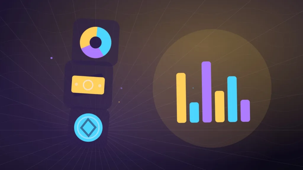 Abstract bar chart and pie chart next to banknotes and a single coin