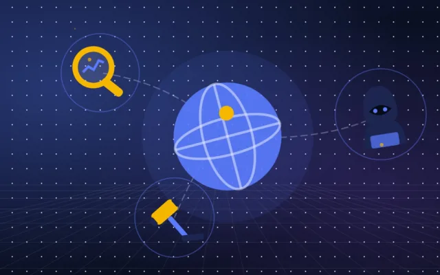 Abstract globe with a gavel, a magnifying glass and a hooded figure