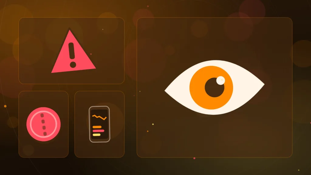 Abstract watchful eye above a warning sign, a single coin and a phone