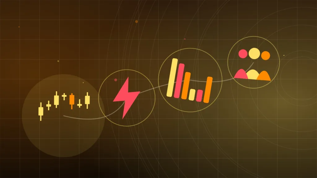 Abstract candlesticks and a lightning bolt beside a bar chart and a crowd