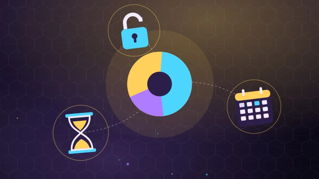 Abstract pie chart beside a padlock, a calendar page and an hourglass