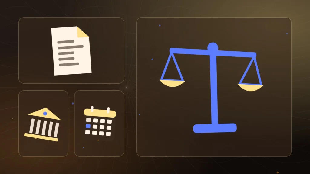 Abstract scales of justice beside a document, a bank building and a calendar