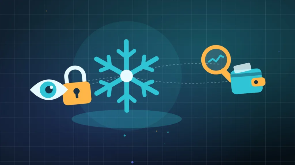 Abstract wallet held by a padlock and snowflake under a magnifying glass and eye