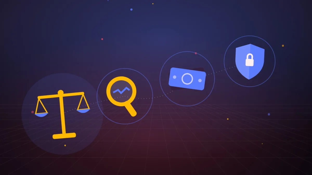 Abstract scales of justice, magnifying glass, banknotes and a shield on a dark background
