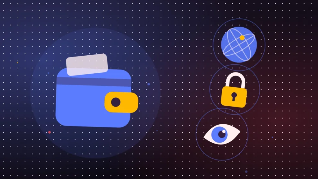Abstract wallet and padlock in front of a globe watched by a large eye