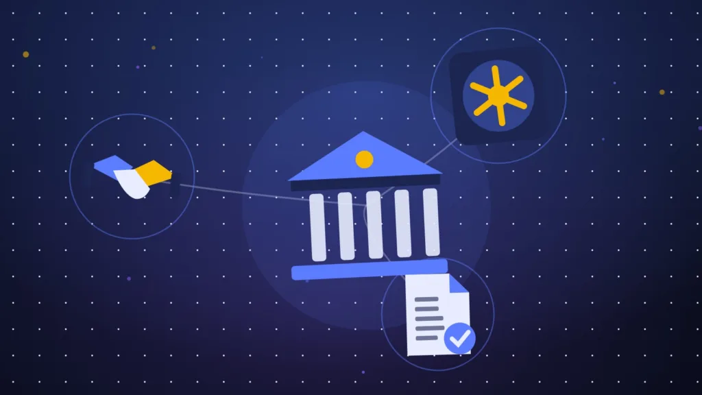 Illustration of a bank, a handshake, a vault and a signed contract