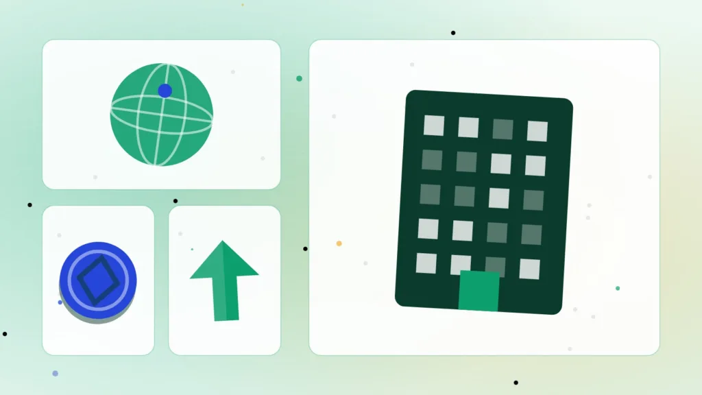 Illustration of an office tower, a globe, a coin and an up arrow