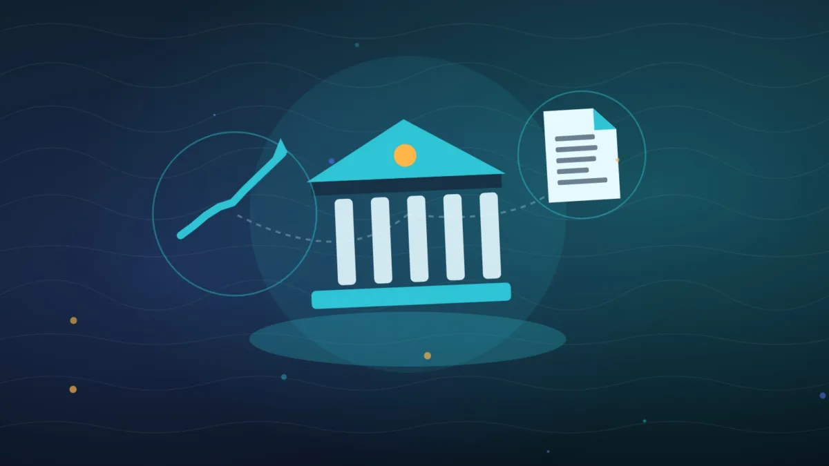 Abstract bank building with a rising line and a report document in front