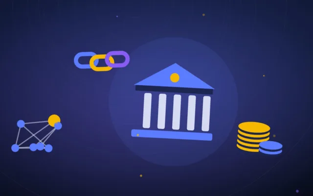 Abstract bank building linked by a chain to stacks of coins on two paths