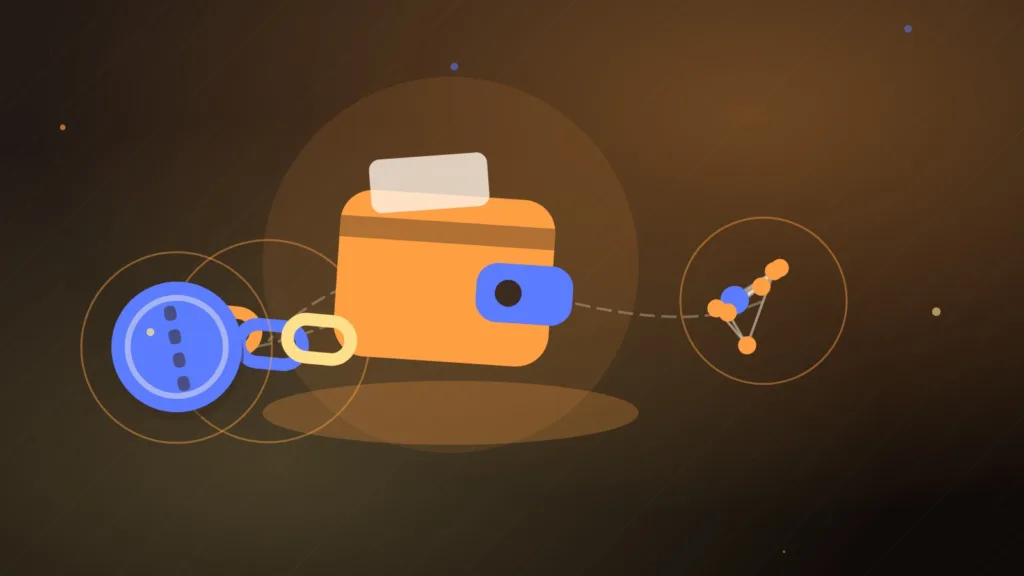 A wallet and a coin joined by a chain to connected network nodes
