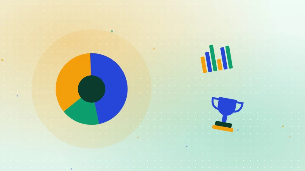 A pie chart and a bar chart standing beside a winner's trophy