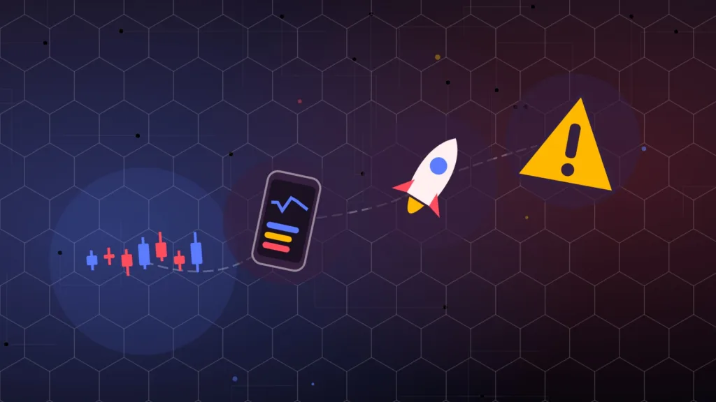 Trading candlesticks above a smartphone, with a small rocket and warning sign