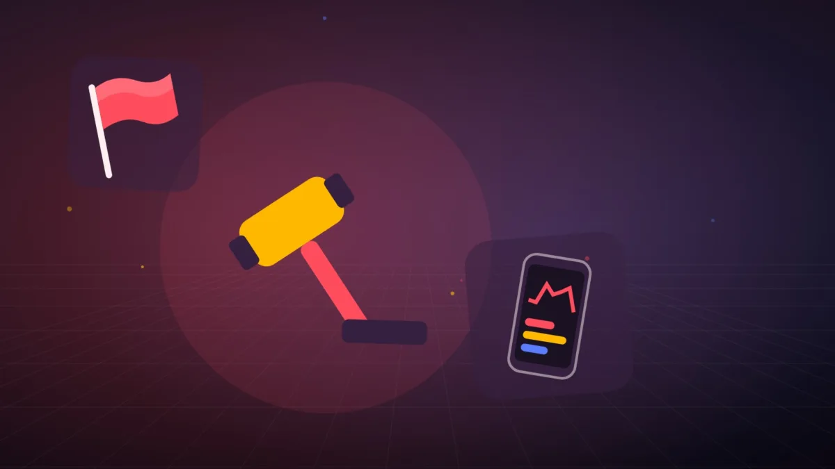 Abstract gavel beside a smartphone and a plain flag on a dark background
