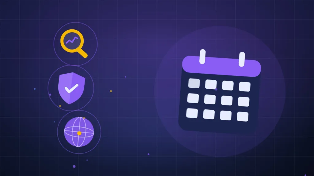 Abstract calendar, magnifying glass and shield arranged around a stylised globe