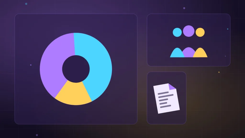 A pie chart, a group of people and a white paper document