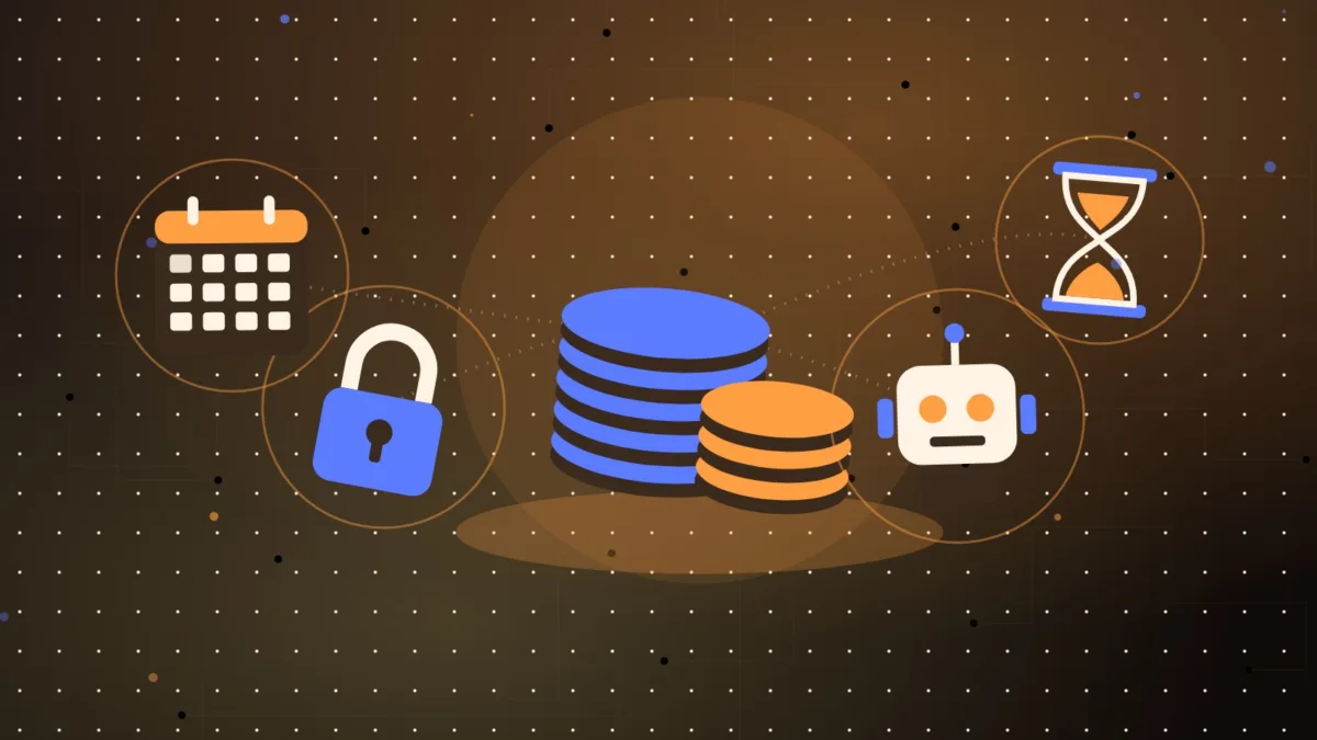 Stacked coins, a padlock, a robot, a calendar page and an hourglass