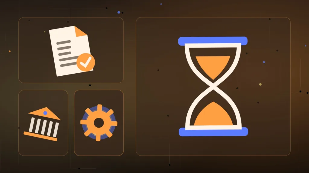 Abstract hourglass beside a signed document, a bank building, a coin and a gear