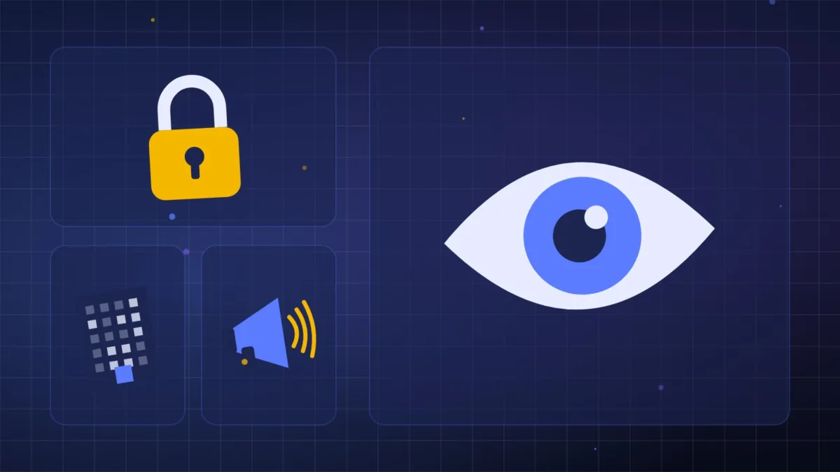 Abstract eye and padlock beside an office building and a megaphone