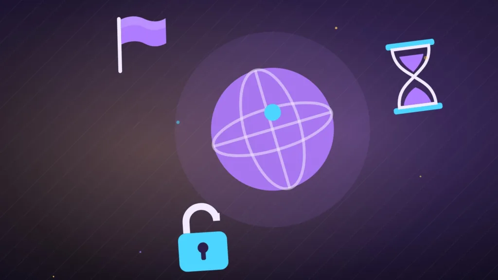 Abstract globe with plain flags, an hourglass and a closed padlock