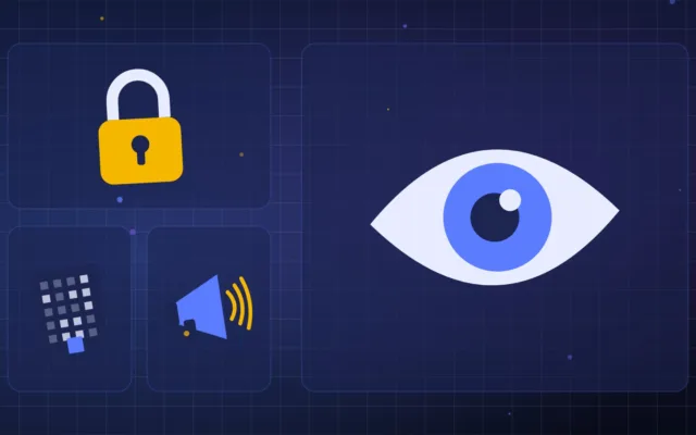 Abstract eye and padlock beside an office building and a megaphone