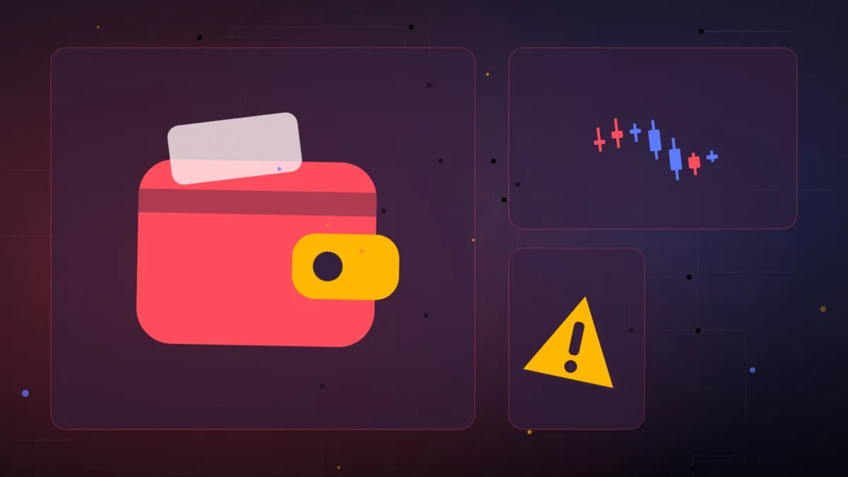 Abstract wallet beside trading candlesticks and a warning sign on a dark background