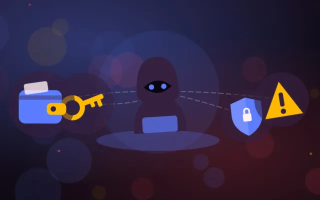 Illustrazione di un hacker incappucciato, una chiave, uno scudo e un portafoglio