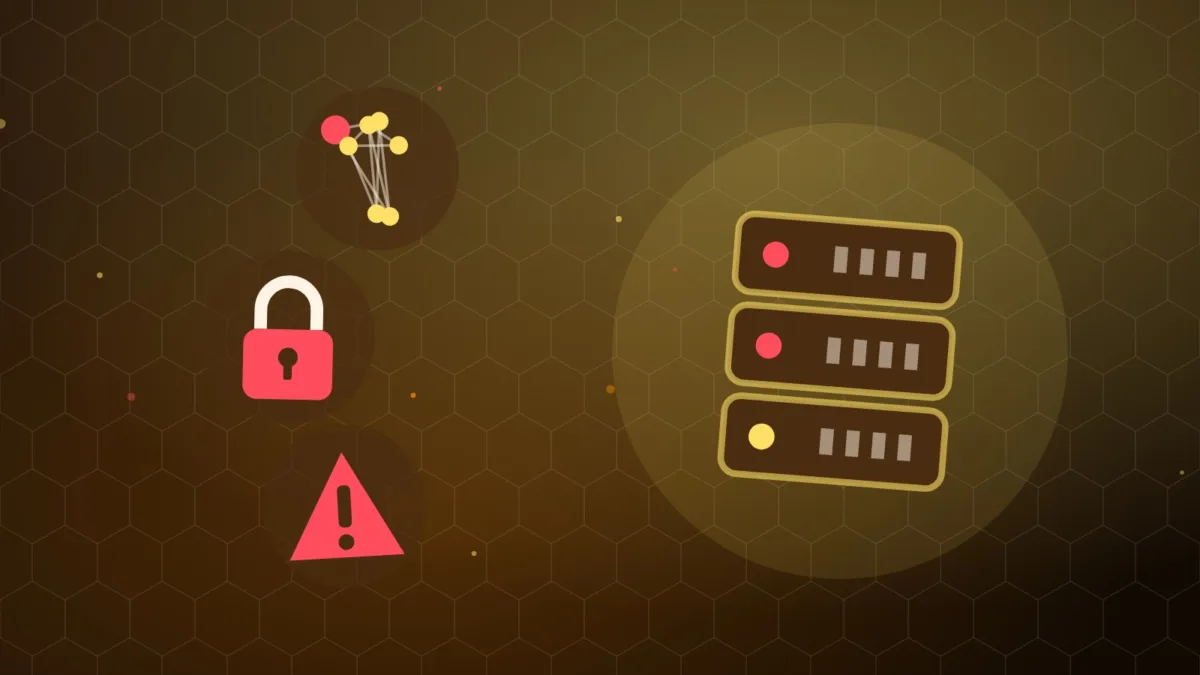 Abstract server racks and linked nodes with a padlock and a warning sign