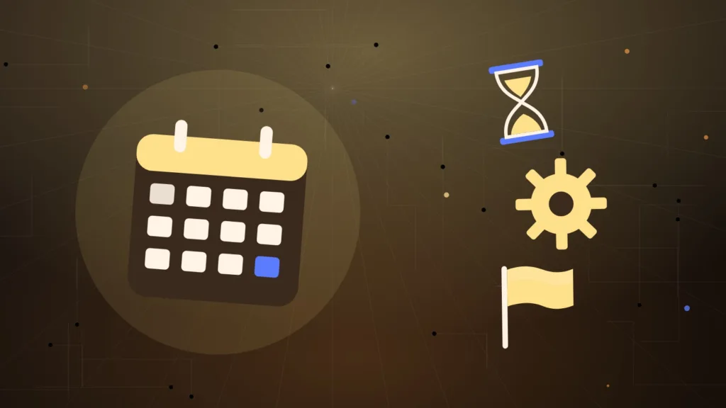 Abstract calendar beside an hourglass, a gear and a plain flag