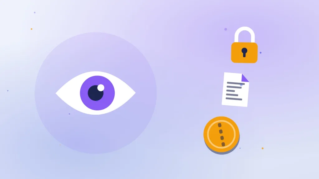 An eye and a padlock beside a document and a single coin