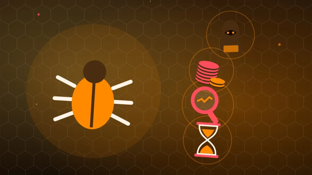 A software bug and a hooded figure near coins, a magnifier and an hourglass