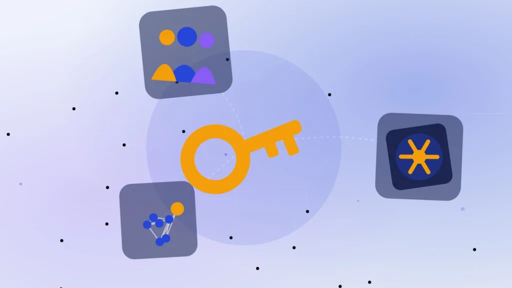 Abstract key and vault door linked to a ring of connected network nodes