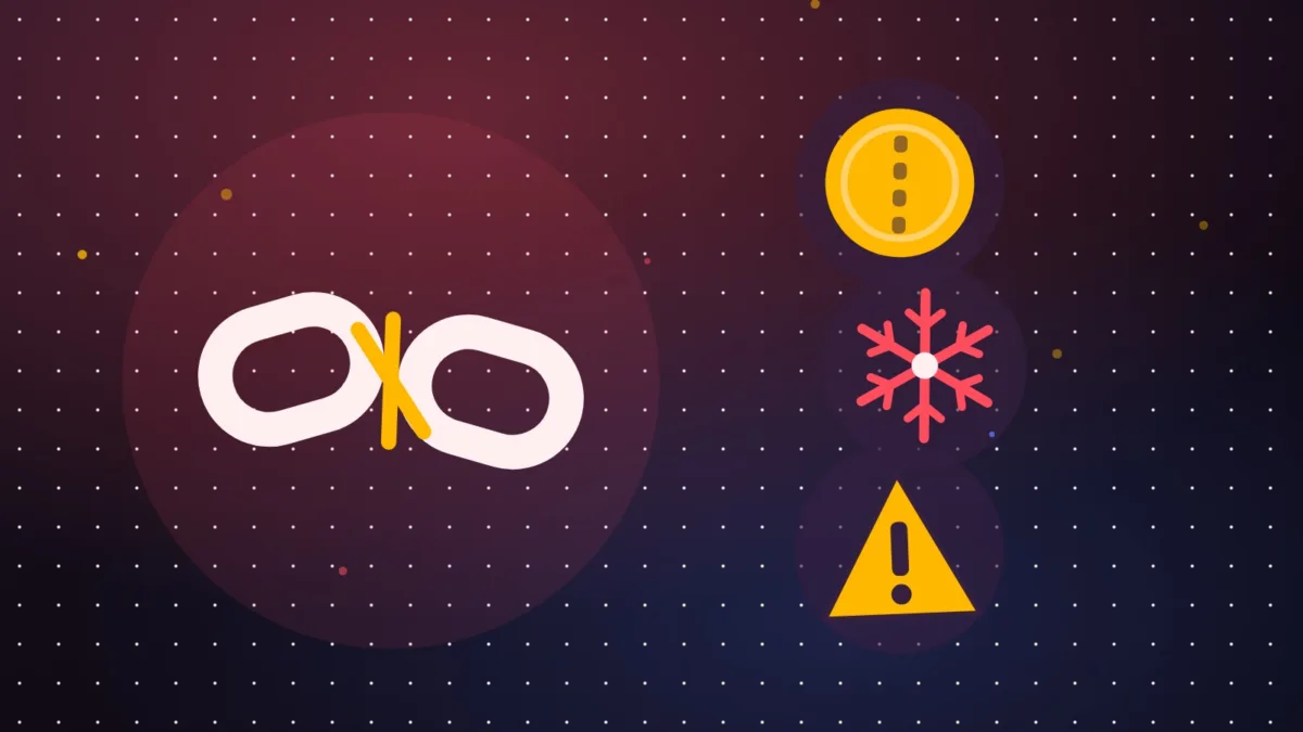 Broken chain beside a frozen bitcoin-like coin and a warning sign, abstract style