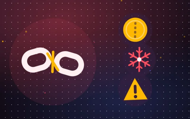 Chaîne brisée à côté d'une pièce gelée de type bitcoin et d'un panneau d'alerte, style abstrait