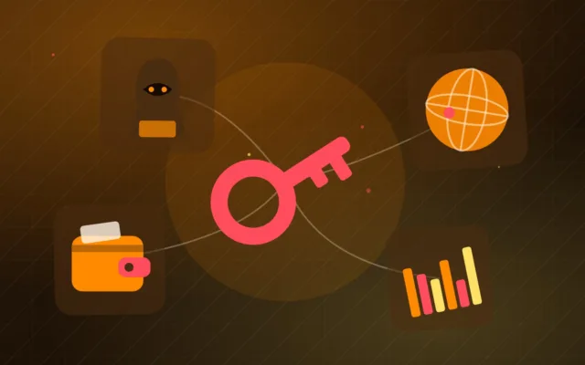 Clé et portefeuille abstraits à côté d'une silhouette encapuchonnée, d'un globe et d'un graphique en barres