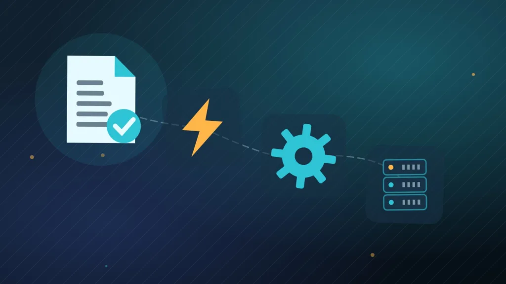 Abstract signed document beside a lightning bolt, gears and a server rack
