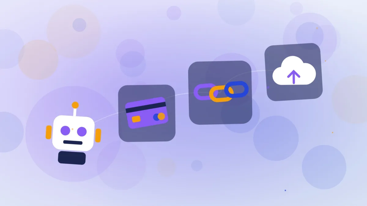 Abstract robot holding a payment card beside chain links and a cloud