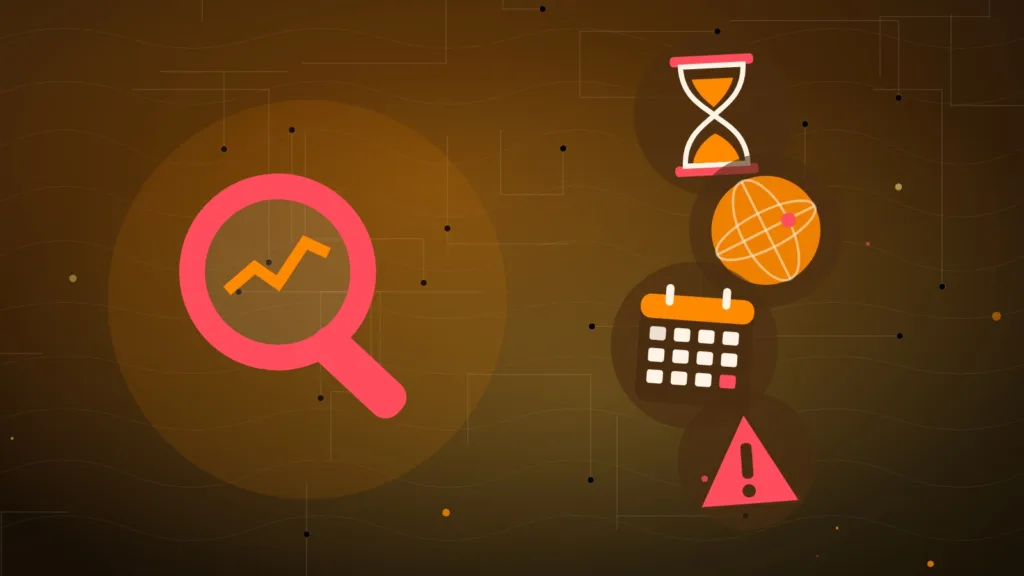 Magnifying glass over a globe with an hourglass, calendar and warning sign