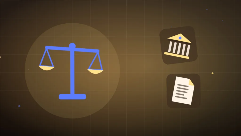 Balance de la justice à côté d'un bâtiment de banque et d'un document, en illustration à plat